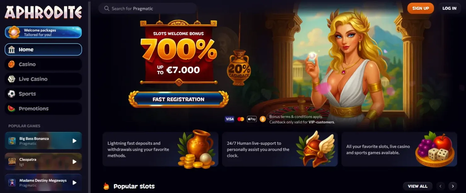 Aphrodite Casino lobby met 700% slots welkomstbonus tot €7.000 en 20% cashback